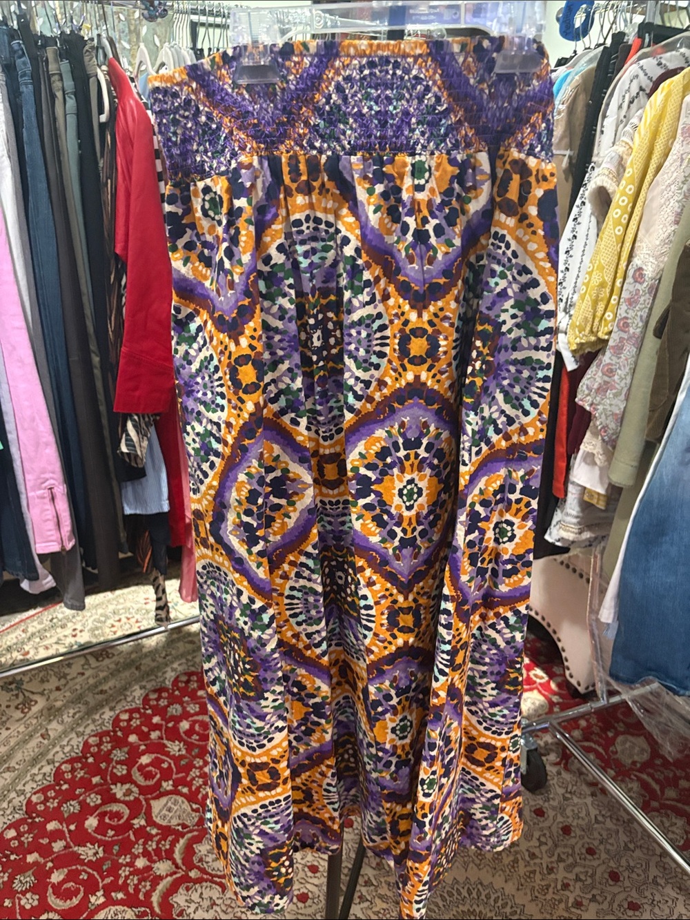 Vibrant Geometric Smocked Maxi Skirt in Purple & Mustard